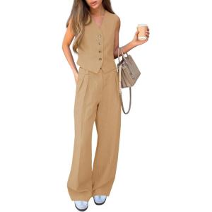 imageCicy Bell Womens 2 Piece Outfits V Neck Crop Vest Blazer and Wide Leg Suit Pants SetsKhaki