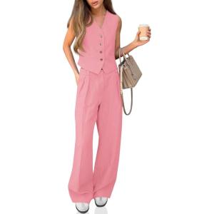 imageCicy Bell Womens 2 Piece Outfits V Neck Crop Vest Blazer and Wide Leg Suit Pants SetsPink