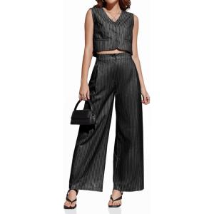 imageCicy Bell Womens 2 Piece Striped Outfits Sleeveless V Neck Blazer Vest and Loose Wide Leg Pants SuitBlack