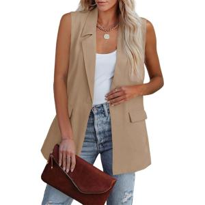 imageCicy Bell Womens Sleeveless Blazer Vest Casual Open Front Single Button Summer Jacket with PocketsDark Khaki