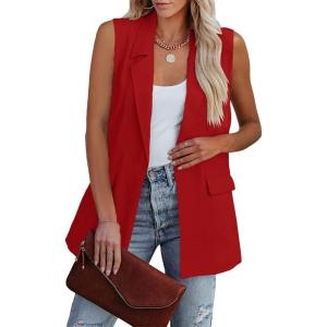 imageCicy Bell Womens Sleeveless Blazer Vest Casual Open Front Single Button Summer Jacket with PocketsRed
