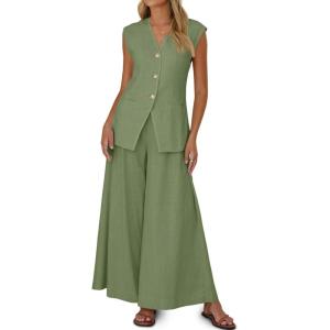 imageCicy Bell Womens Summer 2 Piece Outfits Button Front V Neck Vest and High Waisted Wide Leg Pants SetsArmy Green