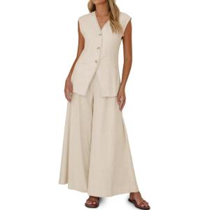 imageCicy Bell Womens Summer 2 Piece Outfits Button Front V Neck Vest and High Waisted Wide Leg Pants SetsBeige