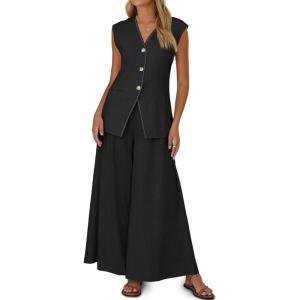 imageCicy Bell Womens Summer 2 Piece Outfits Button Front V Neck Vest and High Waisted Wide Leg Pants SetsBlack
