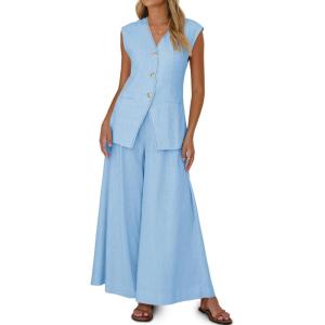 imageCicy Bell Womens Summer 2 Piece Outfits Button Front V Neck Vest and High Waisted Wide Leg Pants SetsSky Blue
