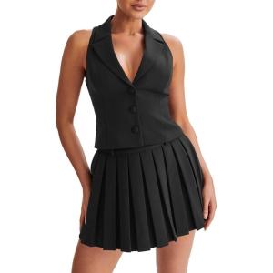 imageCicy Bell Womens Summer 2 Piece Outfits V Neck Blazer Vest Matching Sets and Mini Pleated SkirtsBlack