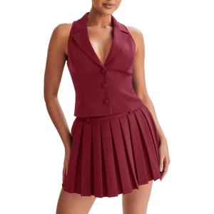 imageCicy Bell Womens Summer 2 Piece Outfits V Neck Blazer Vest Matching Sets and Mini Pleated SkirtsBurgundy