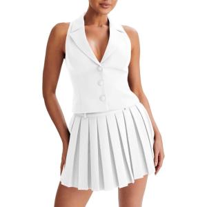 imageCicy Bell Womens Summer 2 Piece Outfits V Neck Blazer Vest Matching Sets and Mini Pleated SkirtsWhite
