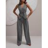 imageCicy Bell Womens 2 Piece Outfits V Neck Tie Waist Blazer Vest and Wide Leg Business Casual Suit Pants SetsGrey