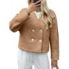 imageCicy Bell Womens Cropped Teddy Pea Coat Collarless Wool Blend Fleece Short Jacket Work Casual Fall OuterwearBrown