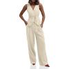 imageCicy Bell Womens 2 Piece Outfits V Neck Tie Waist Blazer Vest and Wide Leg Business Casual Suit Pants SetsApricot