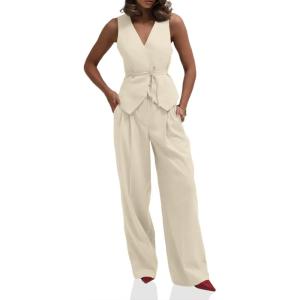 imageCicy Bell Womens 2 Piece Outfits V Neck Tie Waist Blazer Vest and Wide Leg Business Casual Suit Pants SetsApricot