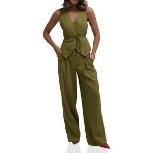 imageCicy Bell Womens 2 Piece Outfits V Neck Tie Waist Blazer Vest and Wide Leg Business Casual Suit Pants SetsArmy Green