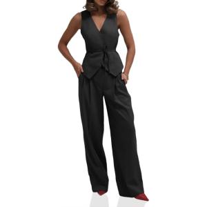 imageCicy Bell Womens 2 Piece Outfits V Neck Tie Waist Blazer Vest and Wide Leg Business Casual Suit Pants SetsBlack