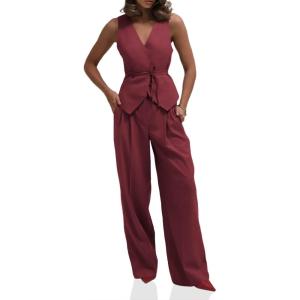 imageCicy Bell Womens 2 Piece Outfits V Neck Tie Waist Blazer Vest and Wide Leg Business Casual Suit Pants SetsBurgundy