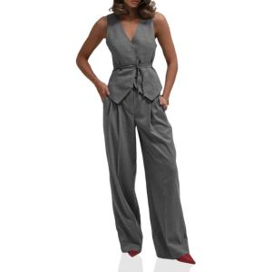 imageCicy Bell Womens 2 Piece Outfits V Neck Tie Waist Blazer Vest and Wide Leg Business Casual Suit Pants SetsGrey