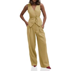 imageCicy Bell Womens 2 Piece Outfits V Neck Tie Waist Blazer Vest and Wide Leg Business Casual Suit Pants SetsKhaki