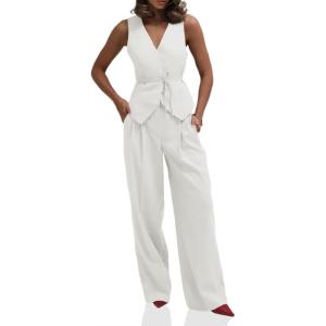 imageCicy Bell Womens 2 Piece Outfits V Neck Tie Waist Blazer Vest and Wide Leg Business Casual Suit Pants SetsWhite