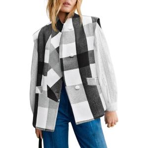 imageCicy Bell Womens Buffalo Plaid Vest Sleeveless Button Down Wool Blend Coats 2024 Trendy Jacketes with PocketsBlack