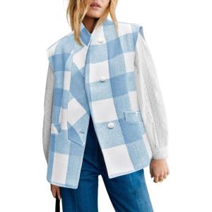 imageCicy Bell Womens Buffalo Plaid Vest Sleeveless Button Down Wool Blend Coats 2024 Trendy Jacketes with PocketsBlue