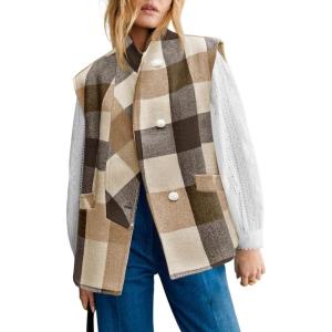 imageCicy Bell Womens Buffalo Plaid Vest Sleeveless Button Down Wool Blend Coats 2024 Trendy Jacketes with PocketsBrown