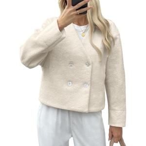imageCicy Bell Womens Cropped Teddy Pea Coat Collarless Wool Blend Fleece Short Jacket Work Casual Fall OuterwearApricot