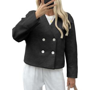 imageCicy Bell Womens Cropped Teddy Pea Coat Collarless Wool Blend Fleece Short Jacket Work Casual Fall OuterwearBlack