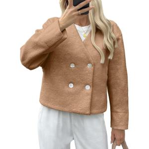 imageCicy Bell Womens Cropped Teddy Pea Coat Collarless Wool Blend Fleece Short Jacket Work Casual Fall OuterwearBrown