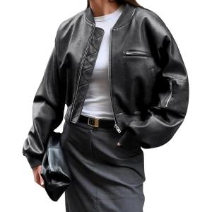 imageCicy Bell Womens Faux Leather Bomber Jackets Baseball Collar Zip Up Cropped Biker Coat with PocketsBlack