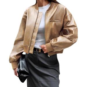 imageCicy Bell Womens Faux Leather Bomber Jackets Baseball Collar Zip Up Cropped Biker Coat with PocketsLight Khaki