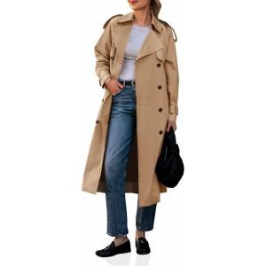 imageCicy Bell Womens Long Trench Coat Double Breasted Classic Lapel Fall Overcoat with BeltKhaki