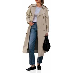 imageCicy Bell Womens Long Trench Coat Double Breasted Classic Lapel Fall Overcoat with BeltLight Khaki