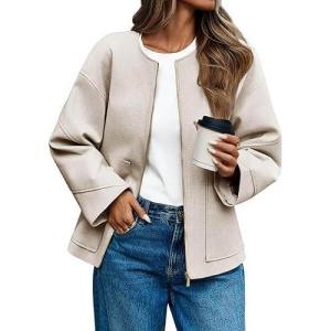 imageCicy Bell Womens Oversized Bomber Jacket Zip Up Collarless Work Casual Blazer Lightweight Fall Pea CoatsBeige