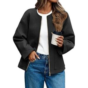 imageCicy Bell Womens Oversized Bomber Jacket Zip Up Collarless Work Casual Blazer Lightweight Fall Pea CoatsBlack