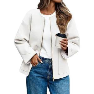 imageCicy Bell Womens Oversized Bomber Jacket Zip Up Collarless Work Casual Blazer Lightweight Fall Pea CoatsWhite