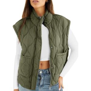imageCicy Bell Womens Quilted Puffer Vest Stand Collar Zip Up Winter Lightweight Padded Gilet OuterwearArmy Green