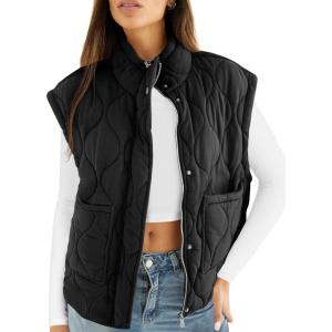 imageCicy Bell Womens Quilted Puffer Vest Stand Collar Zip Up Winter Lightweight Padded Gilet OuterwearBlack