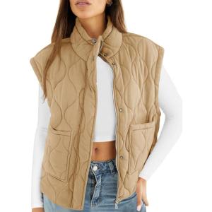 imageCicy Bell Womens Quilted Puffer Vest Stand Collar Zip Up Winter Lightweight Padded Gilet OuterwearKhaki