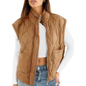 imageCicy Bell Womens Quilted Puffer Vest Stand Collar Zip Up Winter Lightweight Padded Gilet OuterwearLight Brown