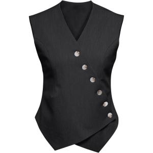imageCicy Bell Womens Waistcoat Vest Sleeveless Blazers V Neck Button Up Asymmetrical Hem Work Office Suit VestsBlack
