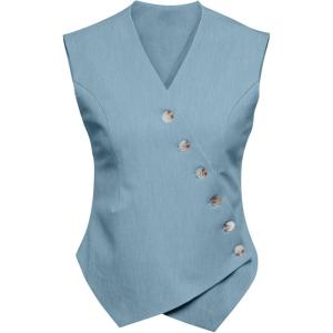 imageCicy Bell Womens Waistcoat Vest Sleeveless Blazers V Neck Button Up Asymmetrical Hem Work Office Suit VestsBlue