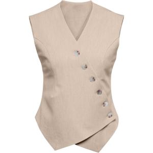 imageCicy Bell Womens Waistcoat Vest Sleeveless Blazers V Neck Button Up Asymmetrical Hem Work Office Suit VestsKhaki