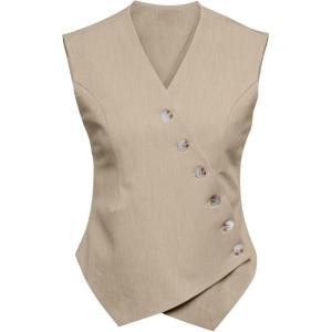 imageCicy Bell Womens Waistcoat Vest Sleeveless Blazers V Neck Button Up Asymmetrical Hem Work Office Suit VestsTaupe