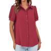 imageCicy Bell Womens Button Down Shirts Short Sleeve Collared Casual Puff Sleeve Shirt Tops BlousesDark Red