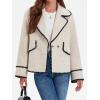 imageCicy Bell Womens Cropped Wool Jacket Embroidered Contrast Trims Blazer Fall Short Pea Coat with PocketsBeige
