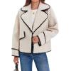 imageCicy Bell Womens Cropped Wool Jacket Embroidered Contrast Trims Blazer Fall Short Pea Coat with PocketsBeige
