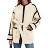 imageCicy Bell Womens Belted Wool Jacket Trendy Contrast Trim Peacoat Open Front 2024 Fall Trench CoatBeige