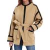 imageCicy Bell Womens Belted Wool Jacket Trendy Contrast Trim Peacoat Open Front 2024 Fall Trench CoatKhaki