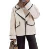 imageCicy Bell Womens Cropped Wool Jacket Embroidered Contrast Trims Blazer Fall Short Pea Coat with PocketsBeige
