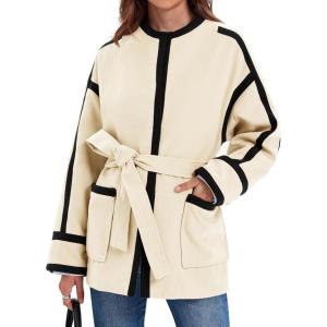 imageCicy Bell Womens Belted Wool Jacket Trendy Contrast Trim Peacoat Open Front 2024 Fall Trench CoatBeige